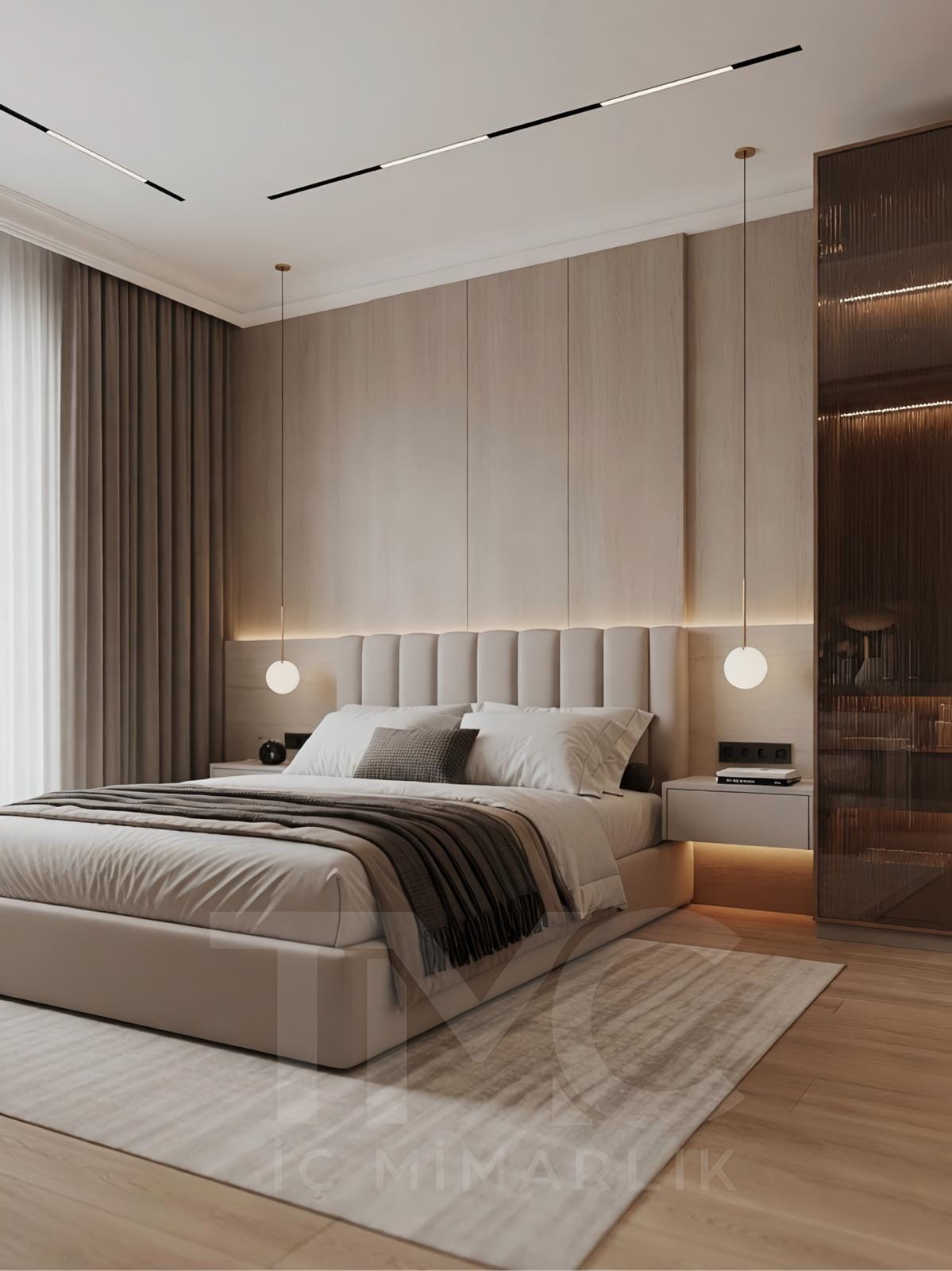Modern yatak odası tasarımı, Bomonti Rotana Residence Emir Bey projesi, vizon ve açık meşe tonlarında özel tasarım yatak odası, led aydınlatmalı döşemeli yatak başlığı, bronz nervür cam gömme dolap sistemi, modern makyaj masası tasarımı, floating komodin detayları, minimal lineer tavan aydınlatmaları, lüks iç mimari yatak odası dekorasyonu, TMC Mimarlık modern yatak odası projesi