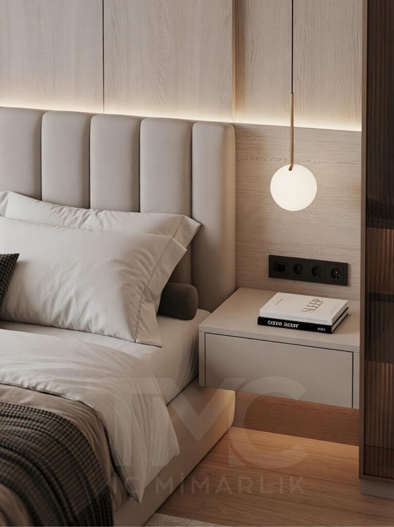 Modern yatak odası tasarımı, Bomonti Rotana Residence Emir Bey projesi, vizon ve açık meşe tonlarında özel tasarım yatak odası, led aydınlatmalı döşemeli yatak başlığı, bronz nervür cam gömme dolap sistemi, modern makyaj masası tasarımı, floating komodin detayları, minimal lineer tavan aydınlatmaları, lüks iç mimari yatak odası dekorasyonu, TMC Mimarlık modern yatak odası projesi