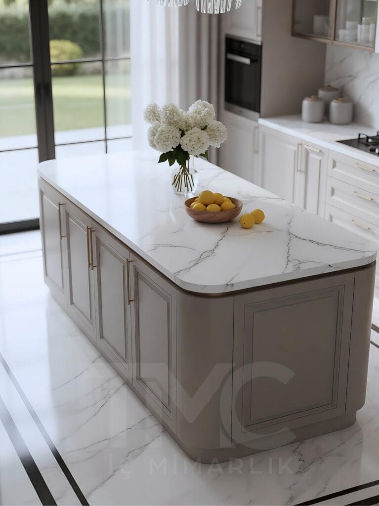Modern klasik mutfak tasarımı, açık vizon ve kırık beyaz lake dolaplar, gold kulp detayları, mermer görünümlü ada mutfak, tavana kadar özel üretim dolap sistemi, bronz çerçeveli cam vitrin kapaklar, geniş siyah doğrama pencere, modern avize ve lüks iç mimari detaylarla tasarlanmış premium mutfak projesi. TMC Mimarlık tarafından tasarlanan Nuvo Dragos Sinan Bey mutfak projesi, ferah ve aydınlık yaşam alanı konsepti sunuyor.