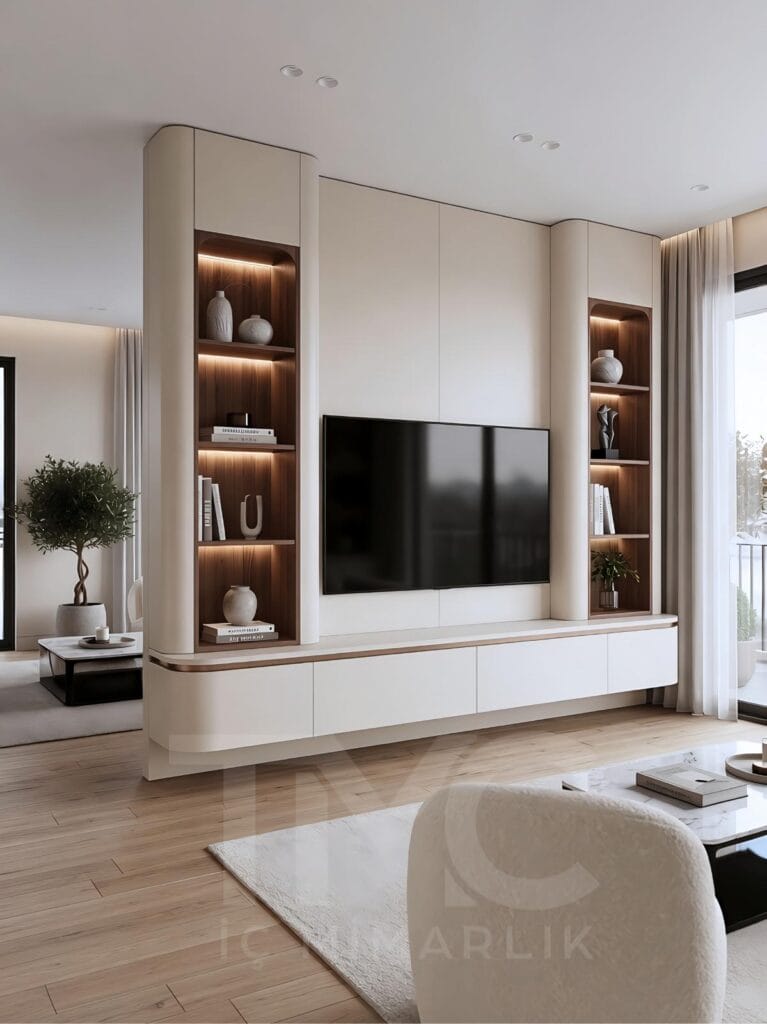 Toskana Villaları için tasarlanan modern TV ünitesi projesi; krem tonlu özel üretim panel uygulaması, doğal ahşap niş detayları, sıcak LED aydınlatmalar, gizli depolama alanları ve minimal salon dekorasyonu ile lüks ve modern iç mimari tasarım örneği.