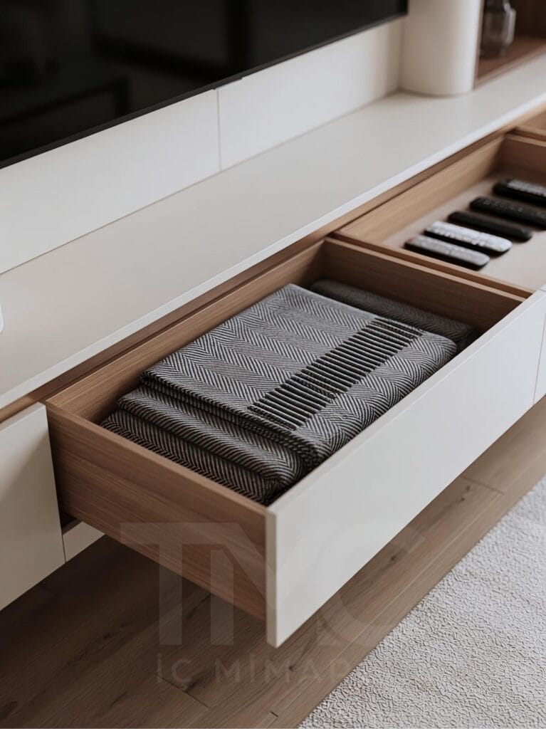 Toskana Villaları için tasarlanan modern TV ünitesi projesi; krem tonlu özel üretim panel uygulaması, doğal ahşap niş detayları, sıcak LED aydınlatmalar, gizli depolama alanları ve minimal salon dekorasyonu ile lüks ve modern iç mimari tasarım örneği.