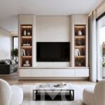 Toskana Villaları için tasarlanan modern TV ünitesi projesi; krem tonlu özel üretim panel uygulaması, doğal ahşap niş detayları, sıcak LED aydınlatmalar, gizli depolama alanları ve minimal salon dekorasyonu ile lüks ve modern iç mimari tasarım örneği.