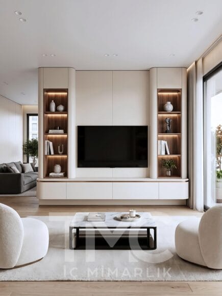 Toskana Villaları için tasarlanan modern TV ünitesi projesi; krem tonlu özel üretim panel uygulaması, doğal ahşap niş detayları, sıcak LED aydınlatmalar, gizli depolama alanları ve minimal salon dekorasyonu ile lüks ve modern iç mimari tasarım örneği.