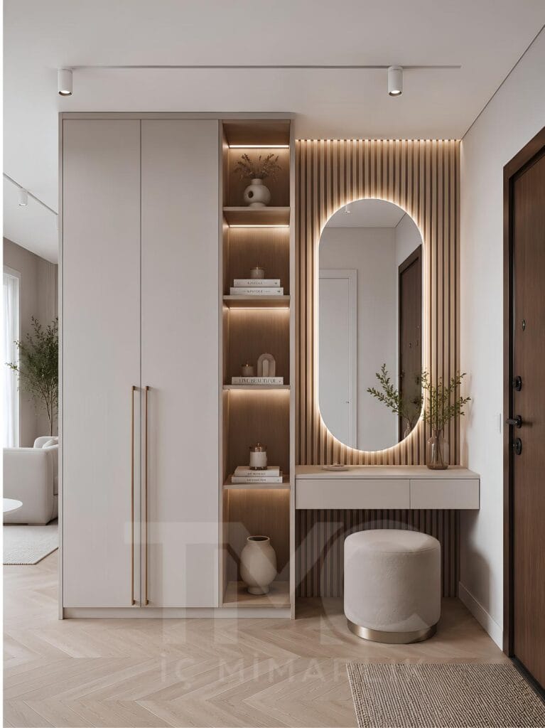 Modern antre tasarımı, özel üretim portmanto dolabı, LED aydınlatmalı dekoratif raf sistemi ve bronz detaylı ayna uygulaması ile tasarlanan Nuvo Dragos Duygu Hanım antre projesi. Açık krem tonları, doğal ahşap dokular ve modern çizgilerle tasarlanan giriş alanı, fonksiyonel depolama çözümleri ve premium iç mimari detaylarıyla dikkat çekiyor.
