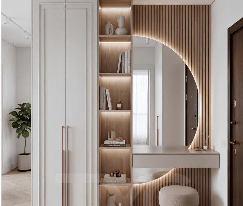Modern antre tasarımı, özel üretim portmanto dolabı, LED aydınlatmalı dekoratif raf sistemi ve bronz detaylı ayna uygulaması ile tasarlanan Nuvo Dragos Duygu Hanım antre projesi. Açık krem tonları, doğal ahşap dokular ve modern çizgilerle tasarlanan giriş alanı, fonksiyonel depolama çözümleri ve premium iç mimari detaylarıyla dikkat çekiyor.