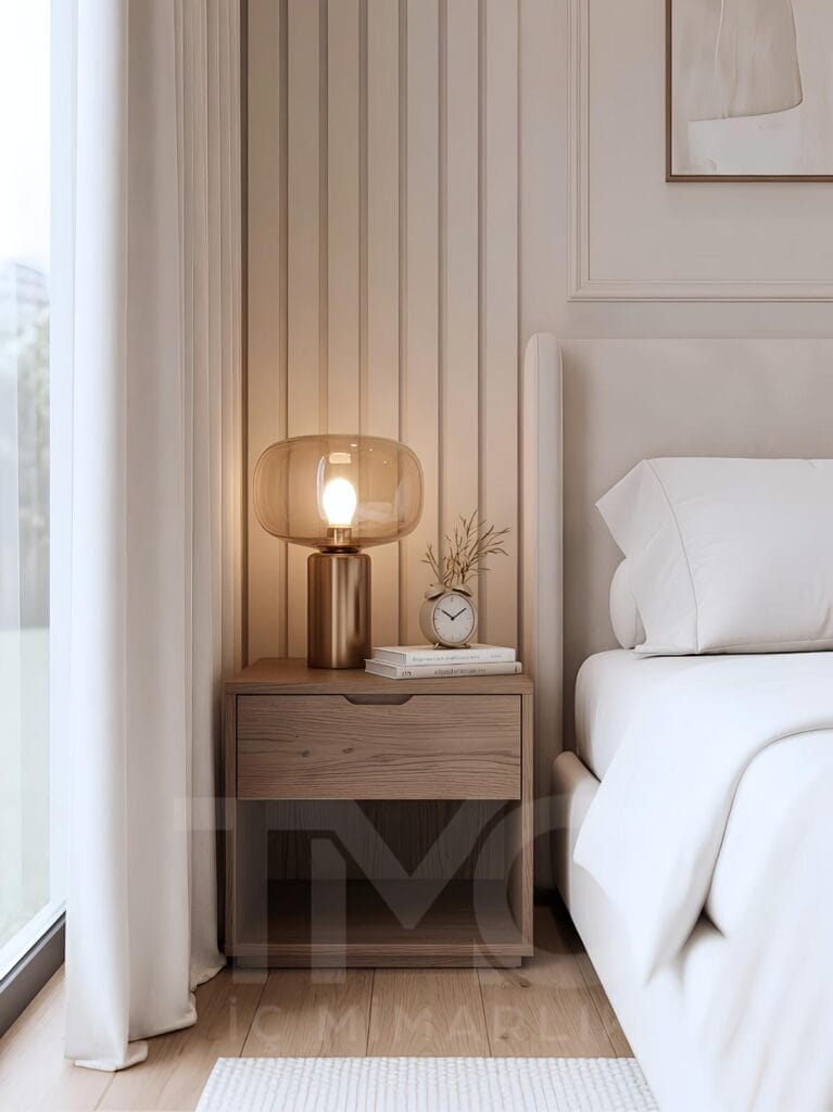 Modern yatak odası tasarımı, bronz reflekte cam gardırop sistemi, LED aydınlatmalı açık raf detayları, oval LED makyaj aynası ve doğal ahşap dokular ile tasarlanmış lüks yatak odası projesi. Ritim İstanbul’da TMC Mimarlık tarafından uygulanan modern yatak odası dekorasyonu, açık tonlu duvar panelleri, sıcak LED aydınlatmalar ve ölçüye özel depolama çözümleriyle sade ve premium bir yaşam alanı sunuyor.