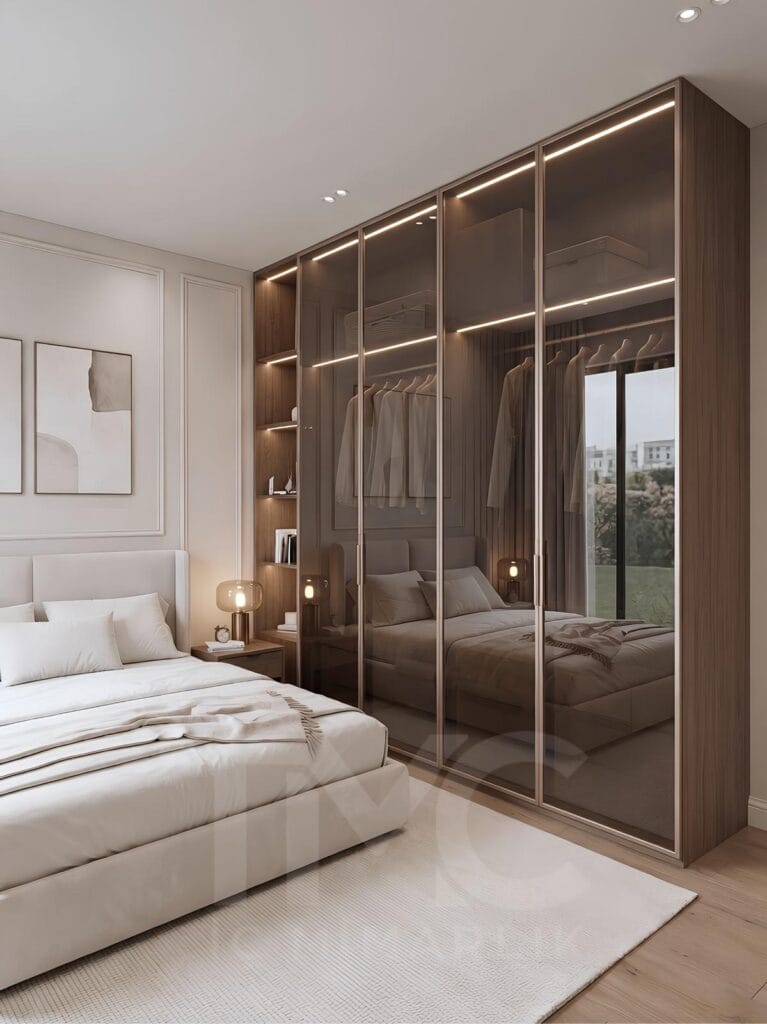 Modern yatak odası tasarımı, bronz reflekte cam gardırop sistemi, LED aydınlatmalı açık raf detayları, oval LED makyaj aynası ve doğal ahşap dokular ile tasarlanmış lüks yatak odası projesi. Ritim İstanbul’da TMC Mimarlık tarafından uygulanan modern yatak odası dekorasyonu, açık tonlu duvar panelleri, sıcak LED aydınlatmalar ve ölçüye özel depolama çözümleriyle sade ve premium bir yaşam alanı sunuyor.