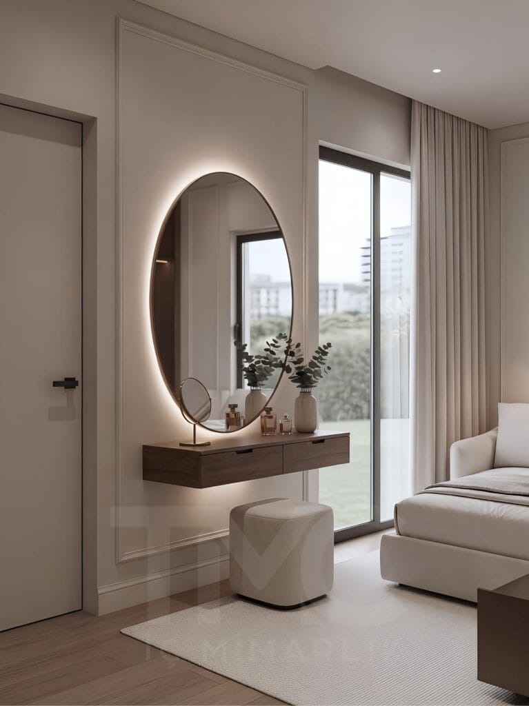 Modern yatak odası tasarımı, bronz reflekte cam gardırop sistemi, LED aydınlatmalı açık raf detayları, oval LED makyaj aynası ve doğal ahşap dokular ile tasarlanmış lüks yatak odası projesi. Ritim İstanbul’da TMC Mimarlık tarafından uygulanan modern yatak odası dekorasyonu, açık tonlu duvar panelleri, sıcak LED aydınlatmalar ve ölçüye özel depolama çözümleriyle sade ve premium bir yaşam alanı sunuyor.
