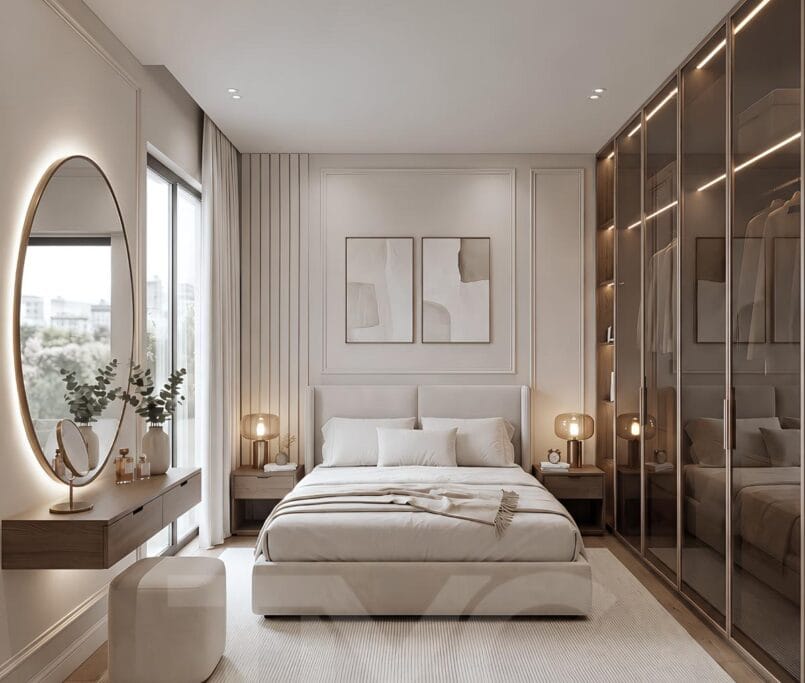 Modern yatak odası tasarımı, bronz reflekte cam gardırop sistemi, LED aydınlatmalı açık raf detayları, oval LED makyaj aynası ve doğal ahşap dokular ile tasarlanmış lüks yatak odası projesi. Ritim İstanbul’da TMC Mimarlık tarafından uygulanan modern yatak odası dekorasyonu, açık tonlu duvar panelleri, sıcak LED aydınlatmalar ve ölçüye özel depolama çözümleriyle sade ve premium bir yaşam alanı sunuyor.