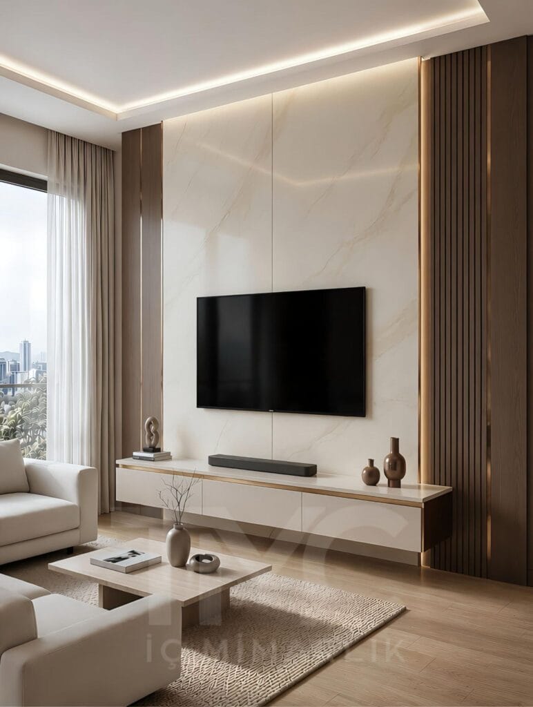 Modern TV ünitesi tasarımı, mermer görünümlü panel uygulamaları, sıcak LED aydınlatmalar, dekoratif çıta detayları ve doğal ahşap dokular ile tasarlanan Limonlu Bahçe yaşam alanı projesi; sade lüks anlayışını modern iç mimari çizgilerle bir araya getirerek zamansız ve premium bir salon atmosferi sunuyor.