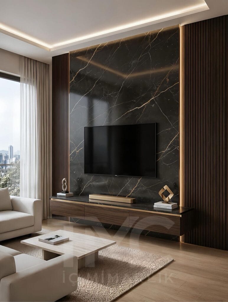 Modern TV ünitesi tasarımı, mermer görünümlü panel uygulamaları, sıcak LED aydınlatmalar, dekoratif çıta detayları ve doğal ahşap dokular ile tasarlanan Limonlu Bahçe yaşam alanı projesi; sade lüks anlayışını modern iç mimari çizgilerle bir araya getirerek zamansız ve premium bir salon atmosferi sunuyor.
