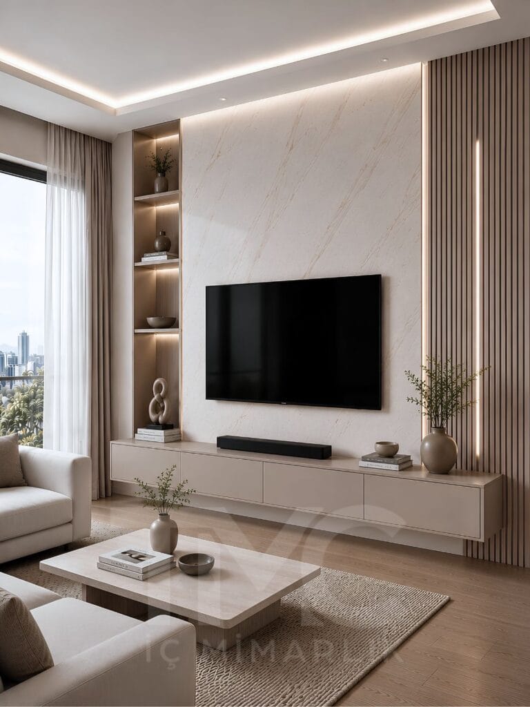 Modern TV ünitesi tasarımı, mermer görünümlü panel uygulamaları, sıcak LED aydınlatmalar, dekoratif çıta detayları ve doğal ahşap dokular ile tasarlanan Limonlu Bahçe yaşam alanı projesi; sade lüks anlayışını modern iç mimari çizgilerle bir araya getirerek zamansız ve premium bir salon atmosferi sunuyor.