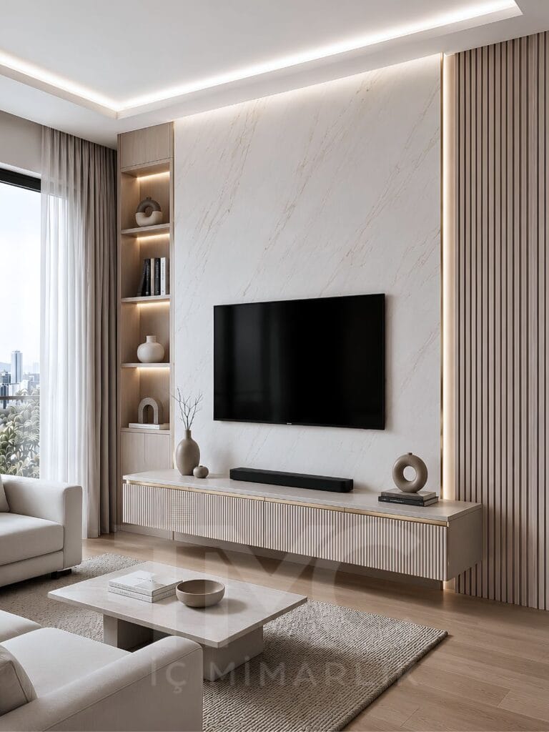 Modern TV ünitesi tasarımı, mermer görünümlü panel uygulamaları, sıcak LED aydınlatmalar, dekoratif çıta detayları ve doğal ahşap dokular ile tasarlanan Limonlu Bahçe yaşam alanı projesi; sade lüks anlayışını modern iç mimari çizgilerle bir araya getirerek zamansız ve premium bir salon atmosferi sunuyor.