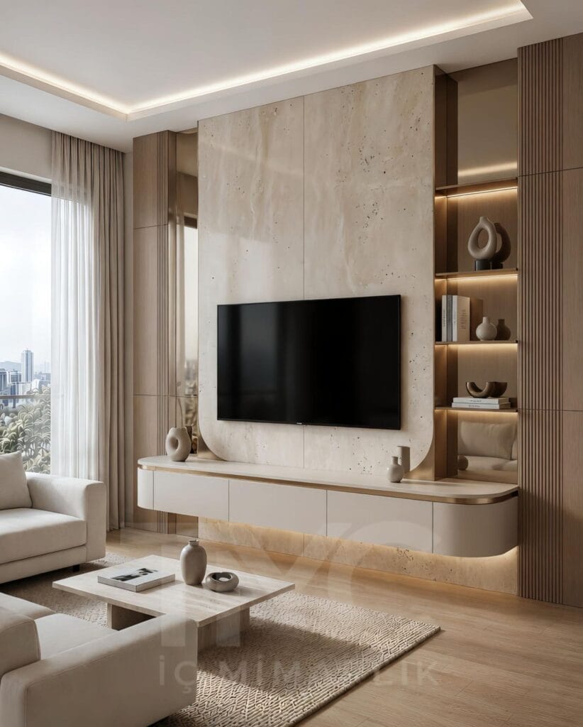 Modern TV ünitesi tasarımı, mermer görünümlü panel uygulamaları, sıcak LED aydınlatmalar, dekoratif çıta detayları ve doğal ahşap dokular ile tasarlanan Limonlu Bahçe yaşam alanı projesi; sade lüks anlayışını modern iç mimari çizgilerle bir araya getirerek zamansız ve premium bir salon atmosferi sunuyor.